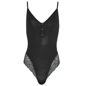 NWT Adore Me Emilia Black Ribbed Lace Bodysuit Crisscross Back Y2K Top L